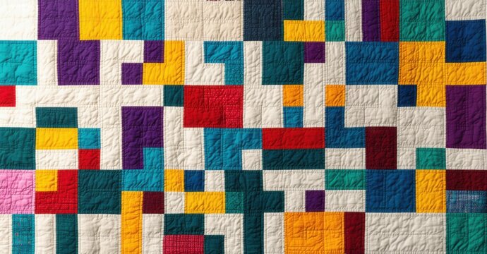 Vibrant geometric quilt with intricate stitching, symbolizing personalization, care, unity, craftsmanship, patchwork, diversity, warmth, connection, tradition, collaboration, harmony, and support