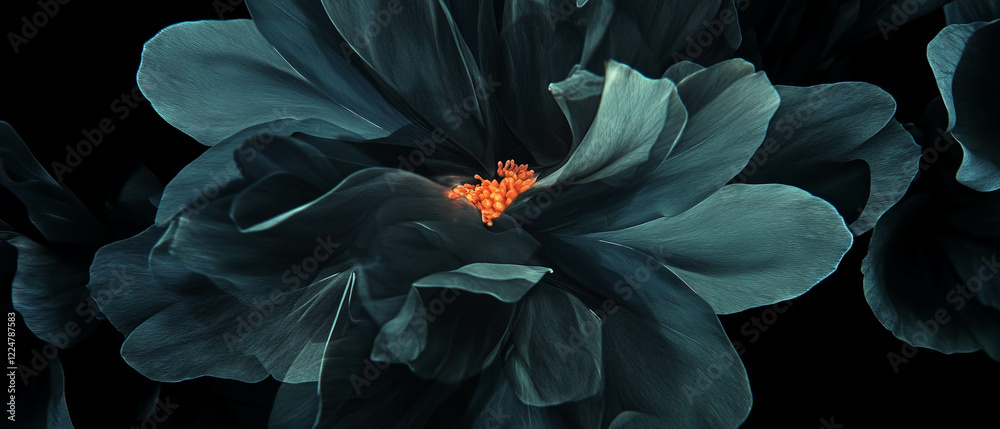 Poster abstract shapes and flower petals on black create striking visual depth