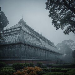 Obraz premium Majestic crystal palace surrounded by mist.