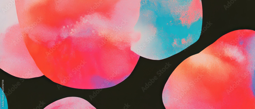 Poster abstract shapes and watercolor washes create a striking aesthetic on a black background