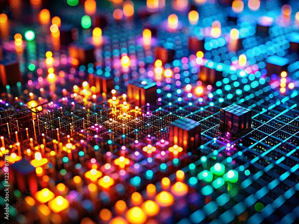Poster miniature binary code grid: digital world tilt-shift stock photo