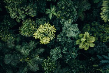 Obraz premium Aerial view of a lush green forest canopy showcasing diverse plant life and vibrant foliage