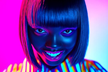 Short trim - straight hair. Commercial ad creative. Lovely smiling black girl - for ads, media and social platforms use. Short hair woman. Creative african american glamour. Bold black woman.