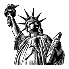 Liberty statue sketch engraving black and white outline. Scratch board imitation.  illustrated in vintage line art style on a white background.
