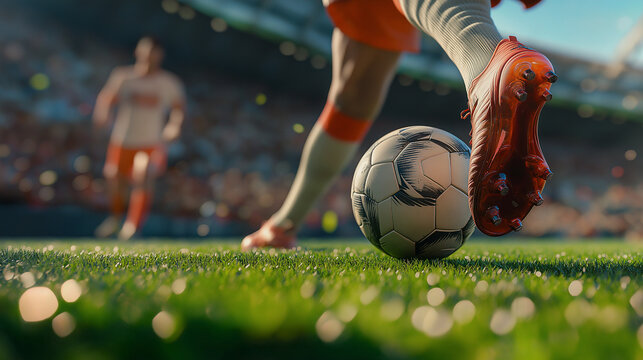 Soccer Moment of Impact. A soccer player's orange cleats about to strike the black-and-white ball on lush green grass, with a blurred stadium and teammate in the background.