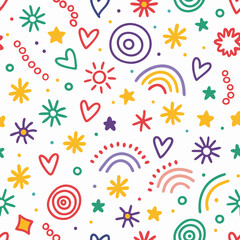 Colorful doodle pattern with hearts, stars, flowers, rainbows, and circles on white background.