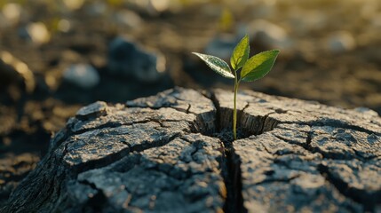Resilience and renewal a green sprout from a cracked stump