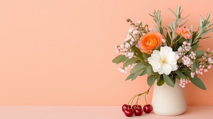 Fototapeta premium Elegant floral arrangement in vase with cherries against peach background