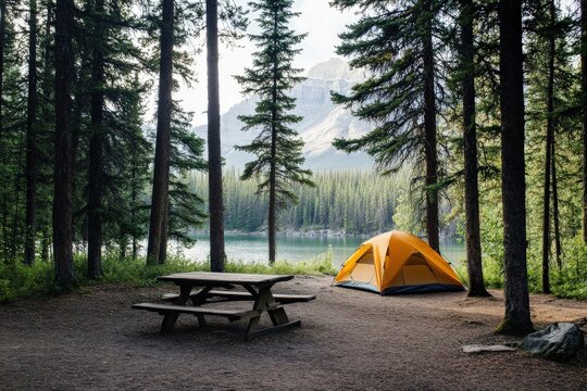 A tranquil campsite near a glacial lake in Banff National Park, surrounded by dense pine forests.