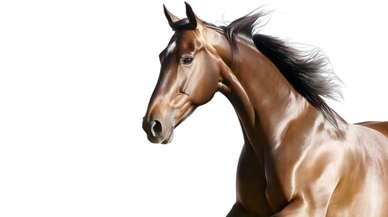 Obraz premium Elegant Selle Français Horse with Shiny Bay Coat and Athletic Build Isolated on White Background, Graceful Warmblood Breed for Show Jumping and Dressage, Majestic Equine Stock Photo