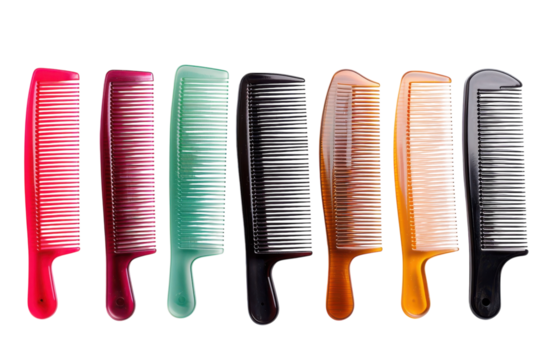 A vibrant collection of assorted hair combs arranged in a colorful spectrum showcasing various shapes and sizes isolated on transparent background
