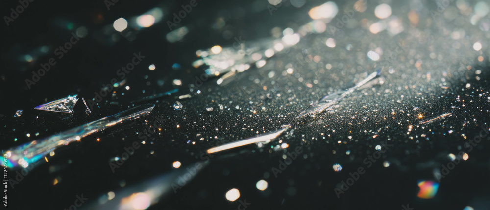 Poster Reflections of light and texture from broken mirror shards on a dark background