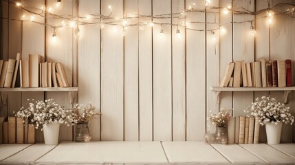 Cozy Reading Nook with Fairy Lights and Bookshelves against White Wooden Wall