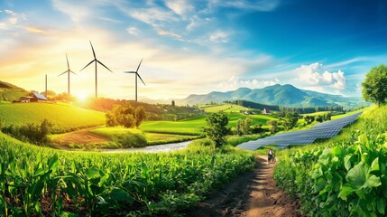 Renewable energy collage with turbines, solar panels, eco-homes, and nature. AI generated