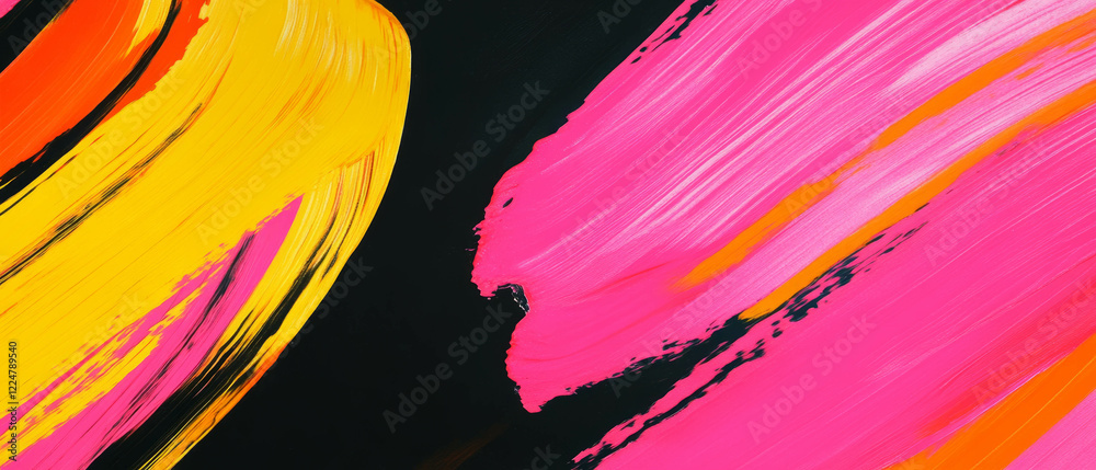 Poster bold brushstrokes create a vibrant abstract texture on dark background