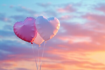 Obraz premium A beautiful trio of heart-shaped foil balloons in pink and white gracefully floating against a vibrant sunset sky.
