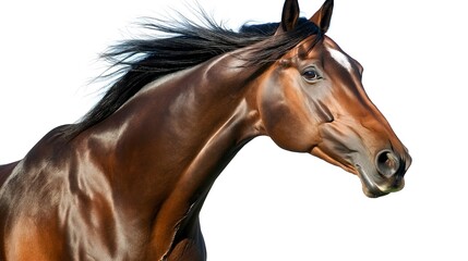Obraz premium Thoroughbred Horse with Sleek Bay Coat, Isolated on White Background, Elegant Horse, Bay Coat Horse, Strong Thoroughbred, Sleek Horse Fur, Equine Beauty, Horse Close-Up, Athletic Thoroughbred, Isolate