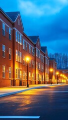 Naklejka premium Modern Suburban Residential Building Glowing at Twilight, Architectural Exterior Stock Photo