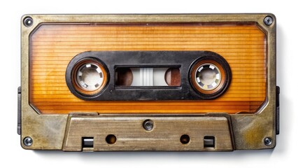 Obraz premium Close-up of a vintage cassette tape, isolated on white, evoking 80s retro music nostalgia.