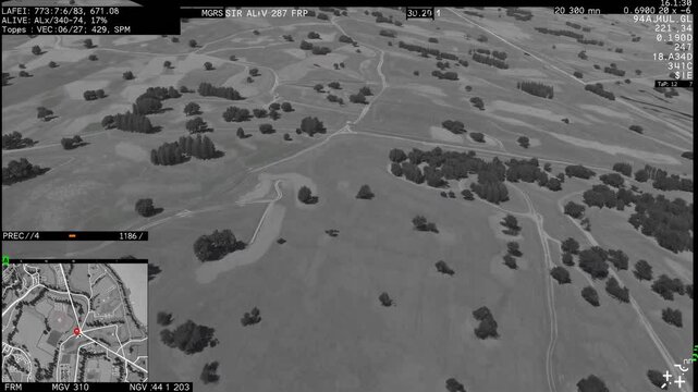 Monochrome aerial view displaying a rural landscape with fields and trees, featuring a digital map interface highlighting a specific location with a red marker