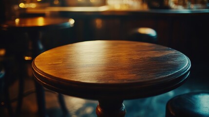 Obraz premium Polished Wooden Pub Table in a dimly lit bar