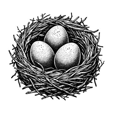 recommend clip art: Bird nest sketch engraving black and white outline. Scratch board imitation.  illustrated in vintage line art style on a white background.