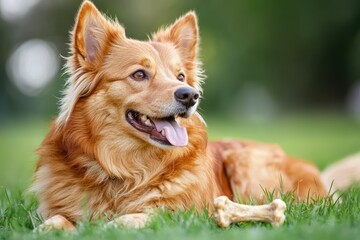 Happy Golden Dog Relaxing On Grassy Field