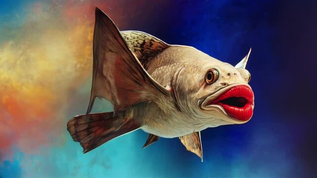 A surreal red lipped batfish flying through a vibrant, colorful background