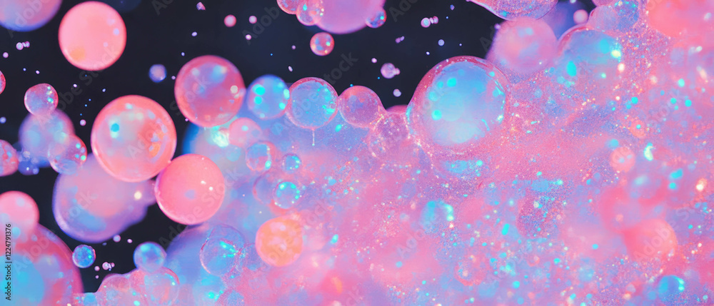 Poster bubbles create a vibrant contrast against a playful, colorful background in dark setting