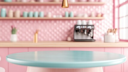 Empty Pastel Blue Tabletop in a Pink Cafe - Mockup for Product Display