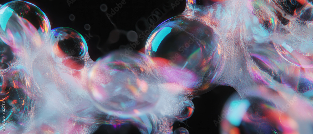 Poster intricate close-up of bubbles showcasing vibrant colors and textures against a black background