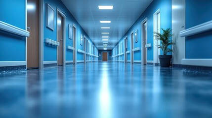 Obraz premium Abstract Blurred Background of Modern Hospital Corridor with Blue Walls and Clean Floors, Evokes Calm and Professional Atmosphere for Health Care Settings