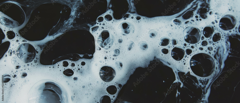 Poster Complex patterns formed by overlapping bubbles on a black background creating texture and intrigue