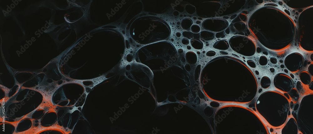 Poster visual texture of dark bubble formations with contrasting edges against a black background