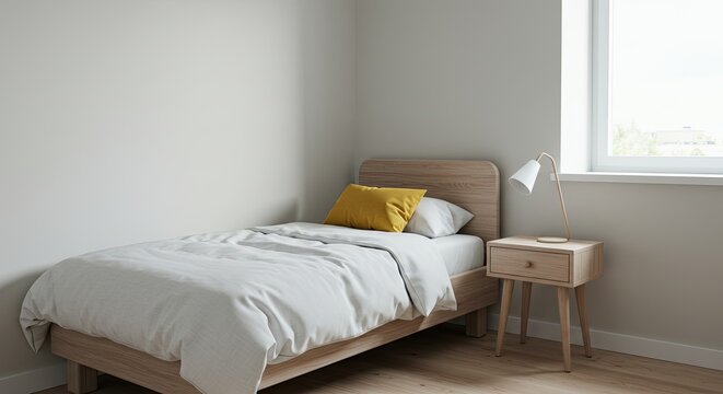 Cozy Minimalist Bedroom: A serene and minimalist single bed with light wood frame, crisp white linens, and a mustard yellow throw pillow is nestled in a bright room, creating a tranquil atmosphere. 