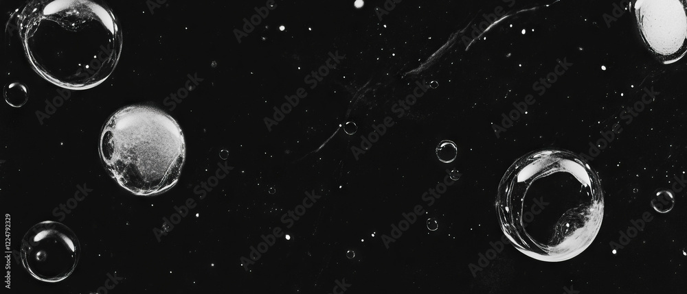 Poster varying sizes and shapes of bubbles captured against a dark background for artistic effect