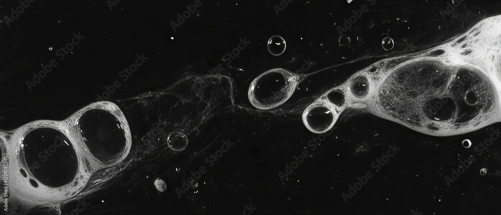 Poster Textured overlay of bubbles with varied shapes and sizes against a black backdrop