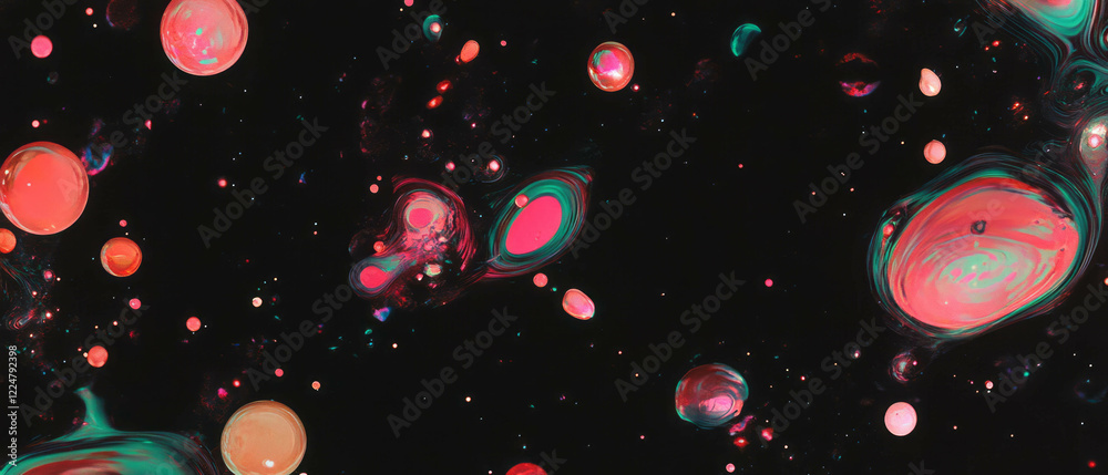 Poster Bubbles with Distorted Reflections and Abstract Imagery on a Dark Background