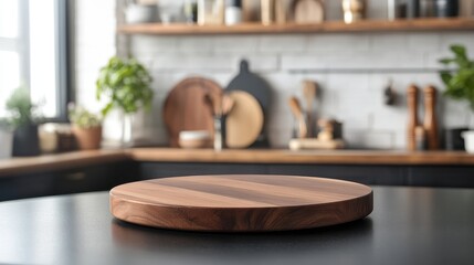 Rustic Wooden Cutting Board on Modern Kitchen Countertop Mockup