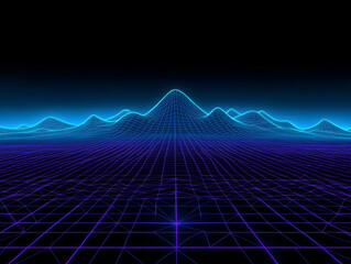 Retro Wireframe Landscape Creates a Futuristic Horizon with Glowing Grid