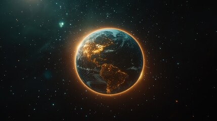 Obraz premium A Stunning Visual of Earth Illuminated in Space, Showcasing City Lights and Natural Wonders Against a Starry Background Perfect for Science and Exploration Themes