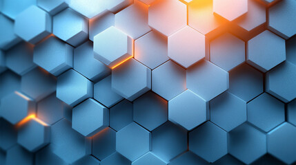 Fototapeta premium Glowing hexagonal tiles with neon lights on light blue background .