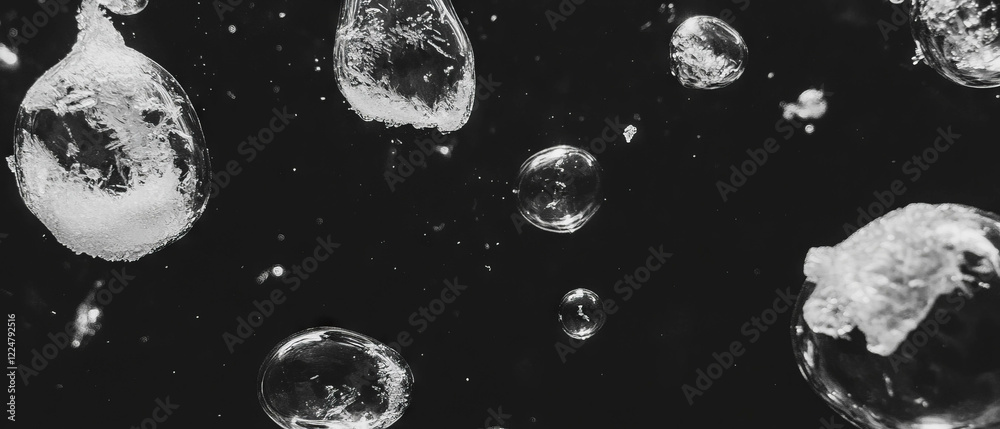 Aufkleber Bubbles with frozen surface and ice crystals create a wintery texture on a black background