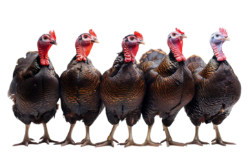 A playful gathering of six domesticated turkeys standing in a row against a simple white backdrop isolated on transparent background