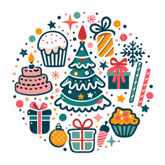 Festive winter holiday circle design with gifts, sweets, and tree.