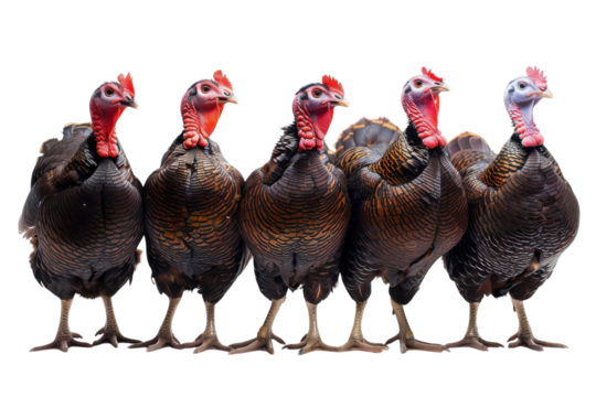 A playful gathering of six domesticated turkeys standing in a row against a simple white backdrop isolated on transparent background