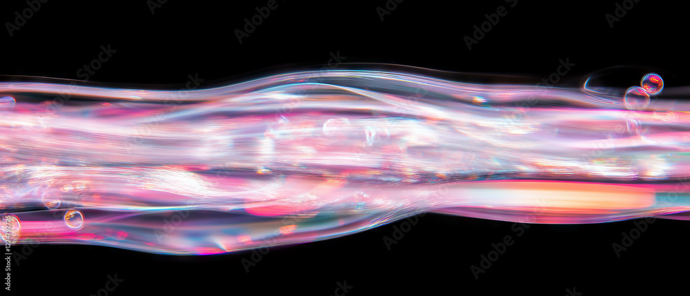 Poster Bubbles in dynamic motion with light trails and long exposure against a black background