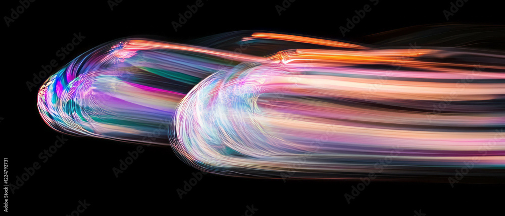 Poster dynamic bubbles with light trails and vibrant motion blur against a black background