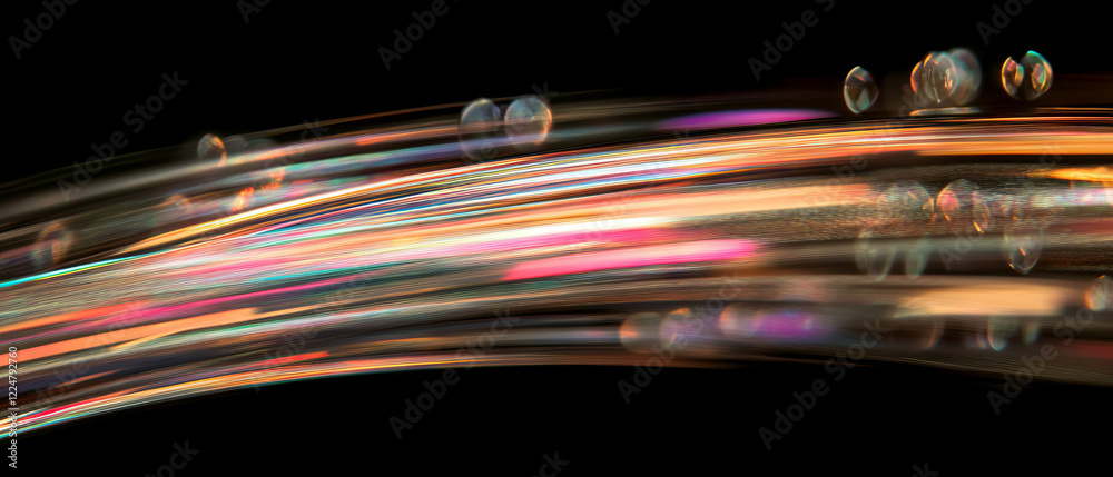 Aufkleber dynamic motion blur of colorful bubbles with light trails against a black background