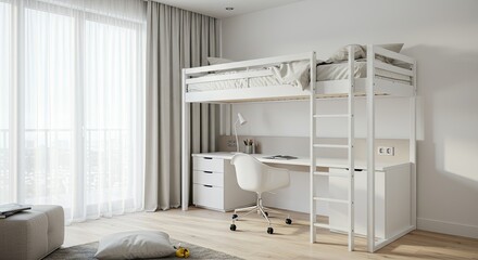 Modern Loft Bed and Desk: A minimalist loft bed with a built-in desk maximizes space and functionality in a bright, airy bedroom. Sleek white finishes create a sense of calm and order.